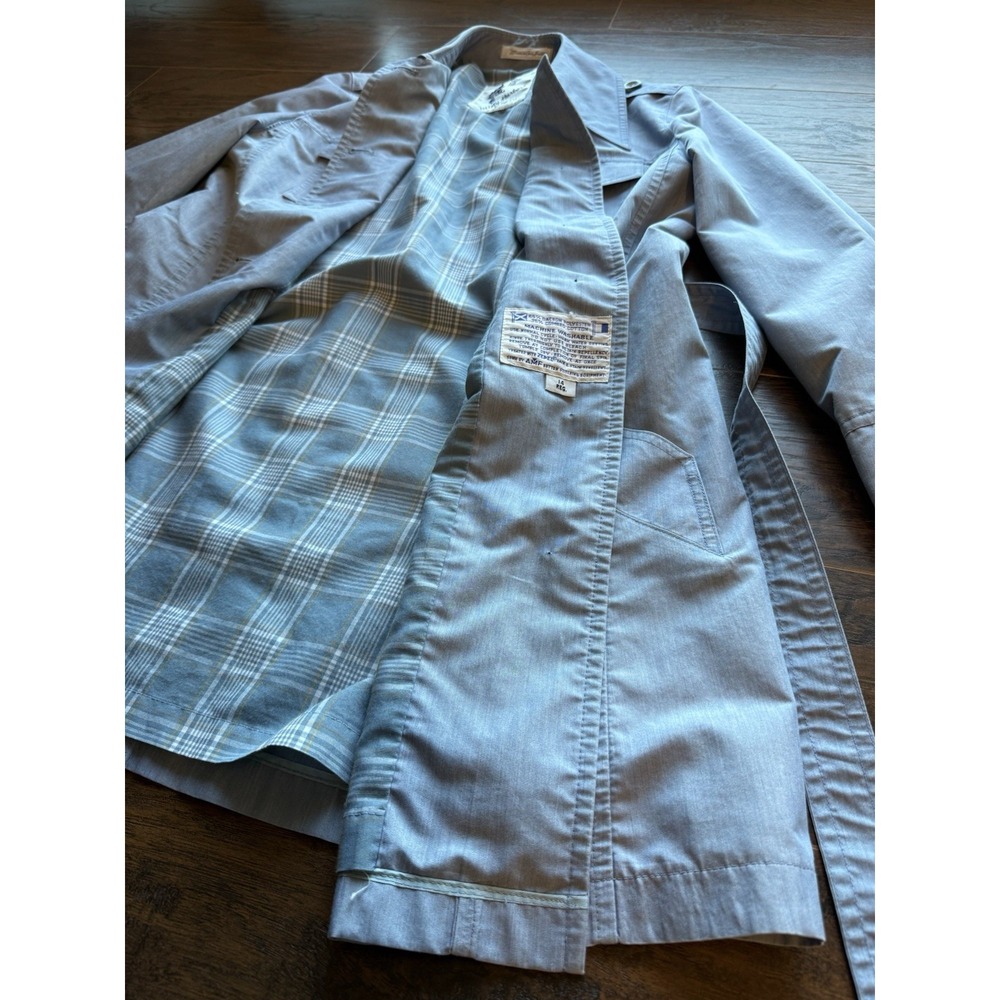 Vintage 90s Misty Harbor USA MADE Trench Coat Powder Blue Belted Plaid Lined  14 - Picture 2 of 6